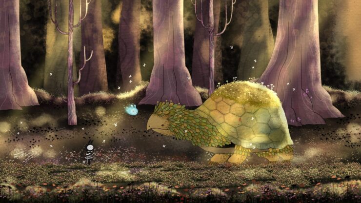 Amimi - A glowing orb meets a giant turtle in a forest.