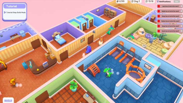 MonsterCare - An angled view of several hotel rooms with monsters in them.