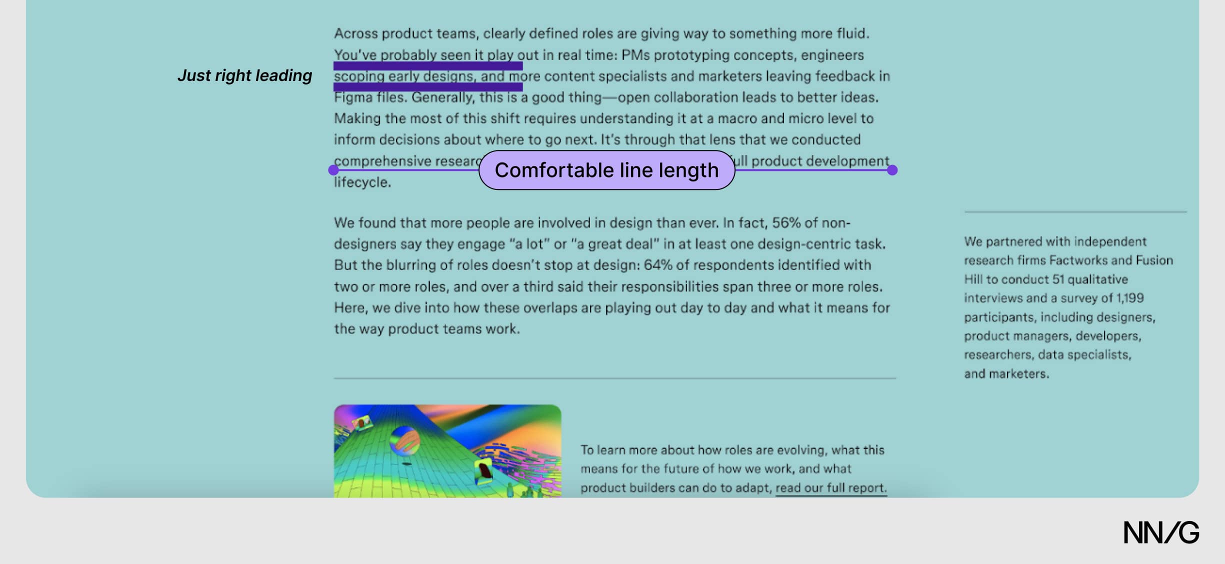 Text with overlays showing that the line lengths and leading are ideal for reading.