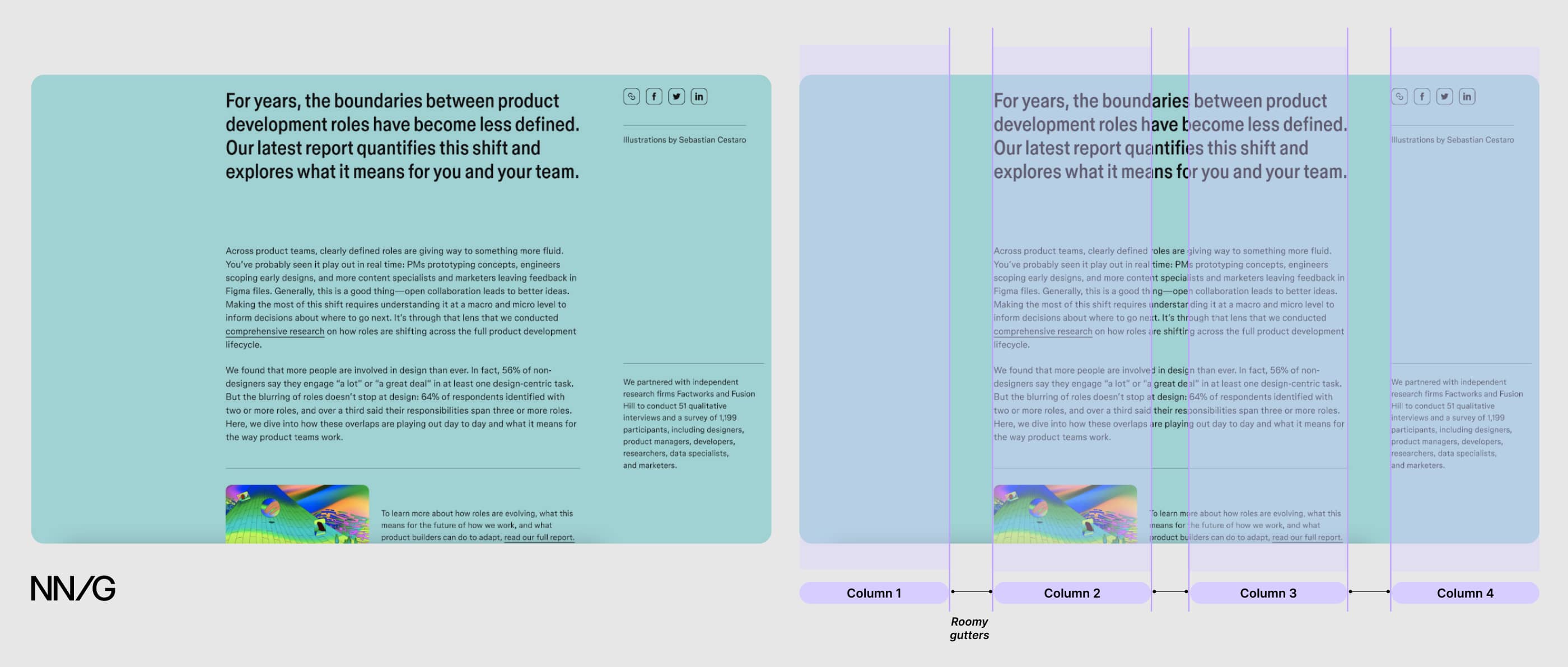 A article page split by a 4 column grid overlay revealing the text lines up with the center two columns and the gutter with the outer two.