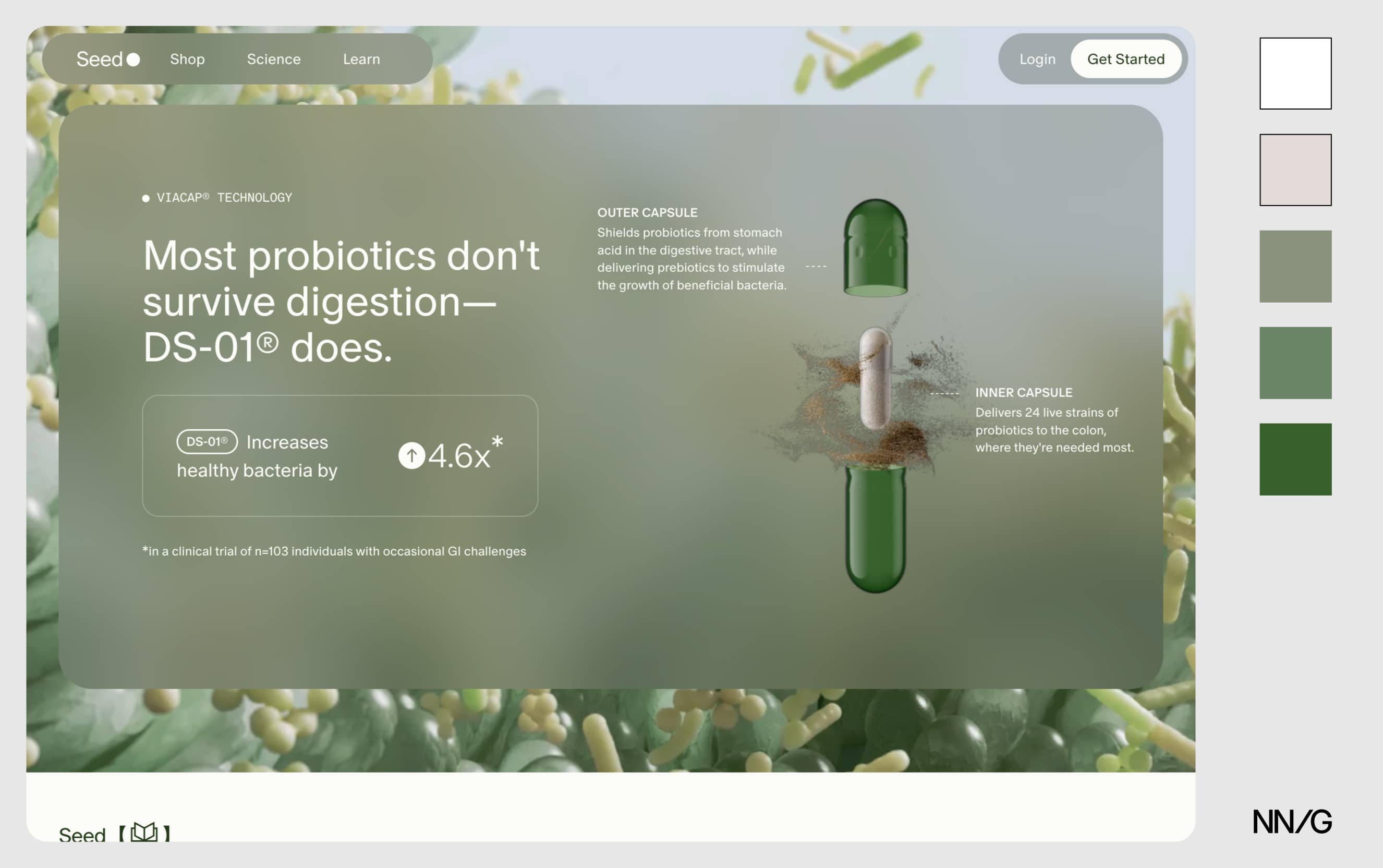 A product page in soft, natural greens and creams.
