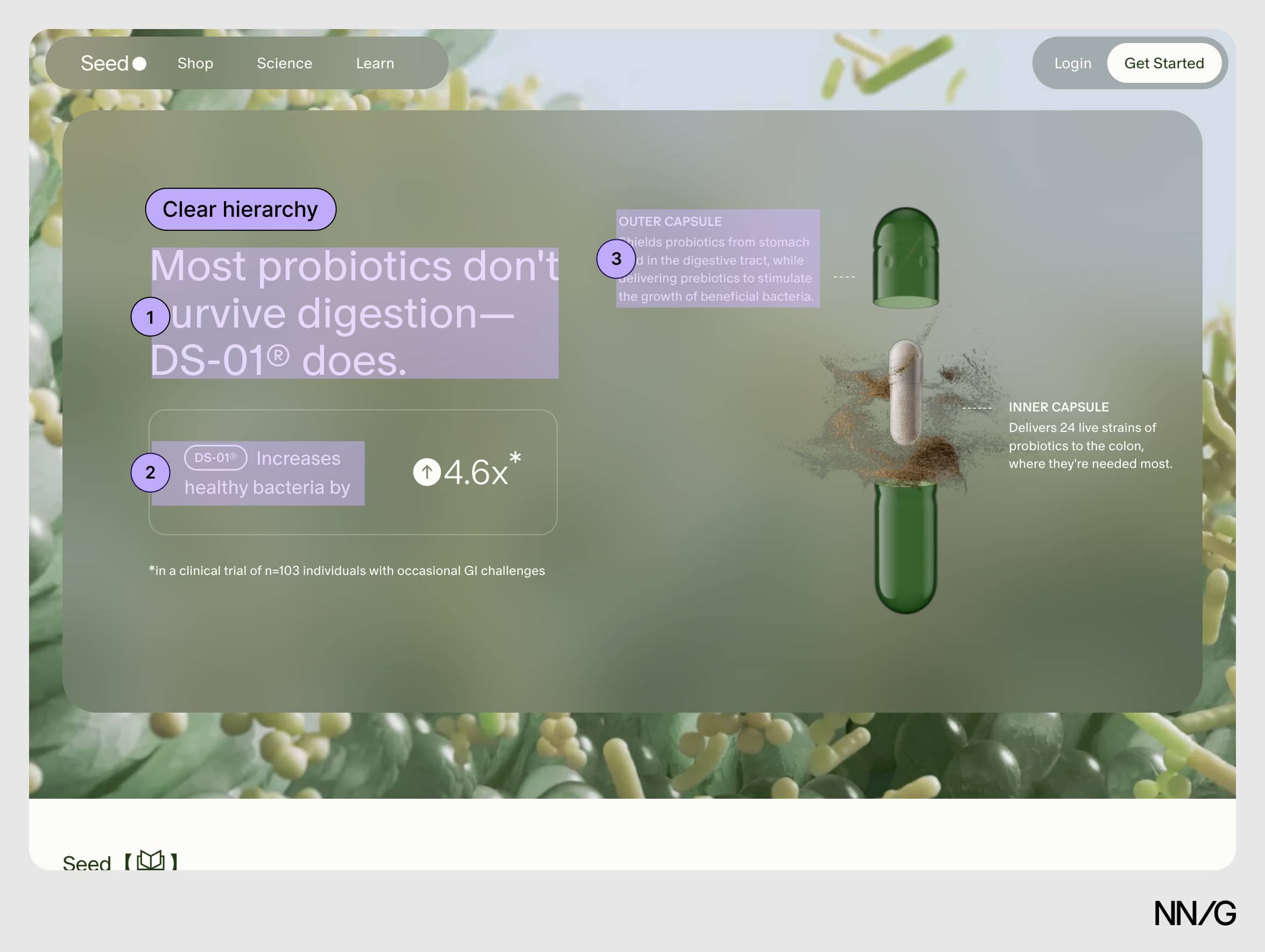 A product page with three different text sizes highlighted with overlays that indicate the hierarchy with the largest text being the most dominant, and the smallest the least.