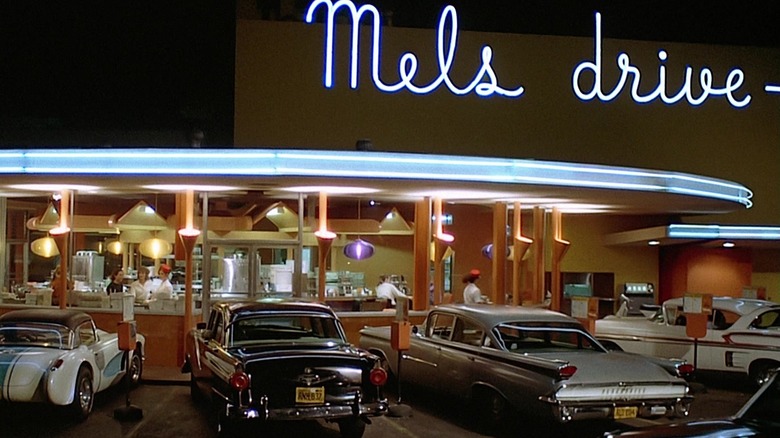Neon lights illuminated Mel's Drive-in in American Grafitti