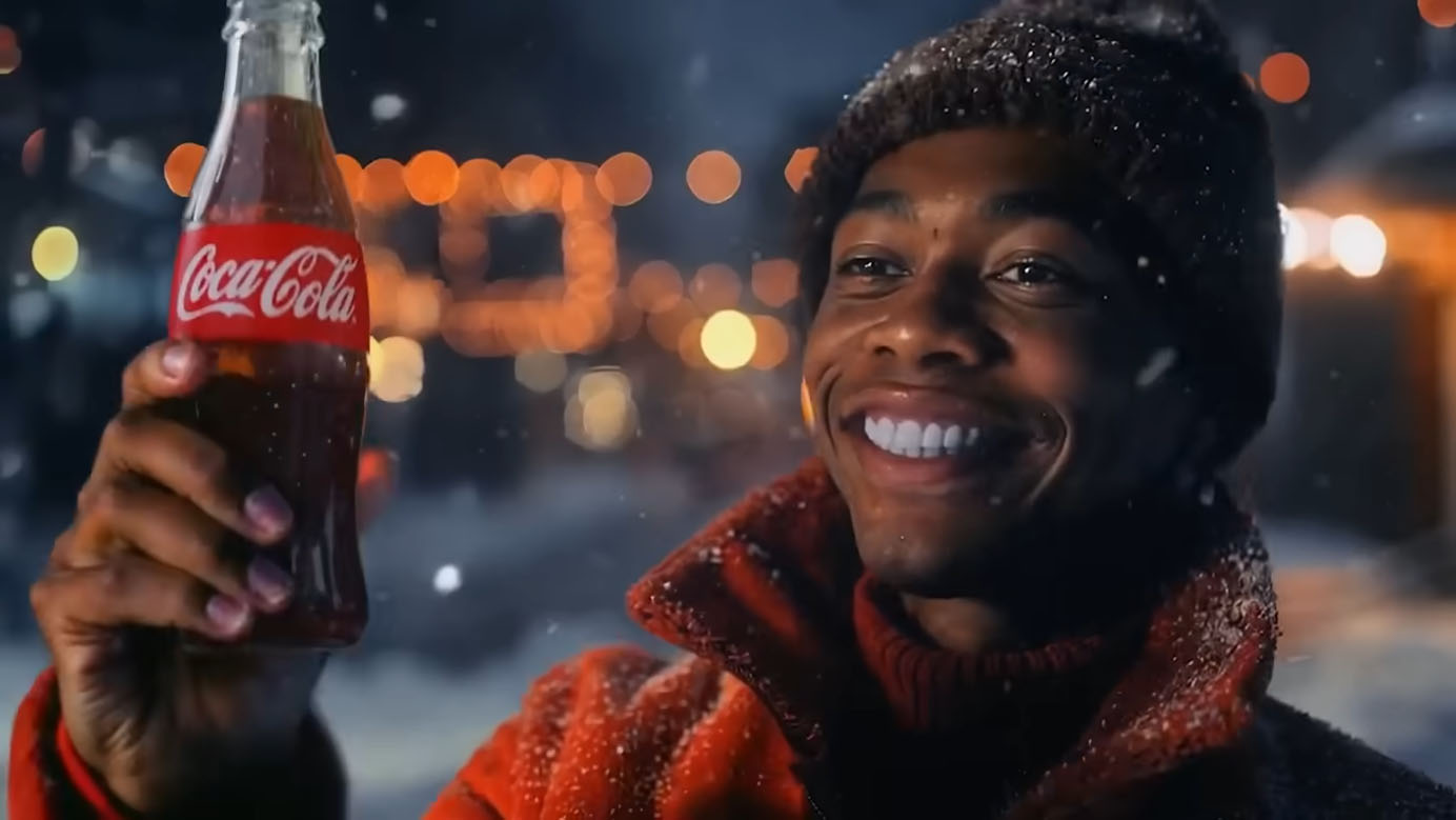 A screenshot of Coca-Cola’s AI-generated ad depicting a smiling person holding up a Coca-Cola bottle in a snowy night scene, with warm, glowing holiday lights blurred in the background.