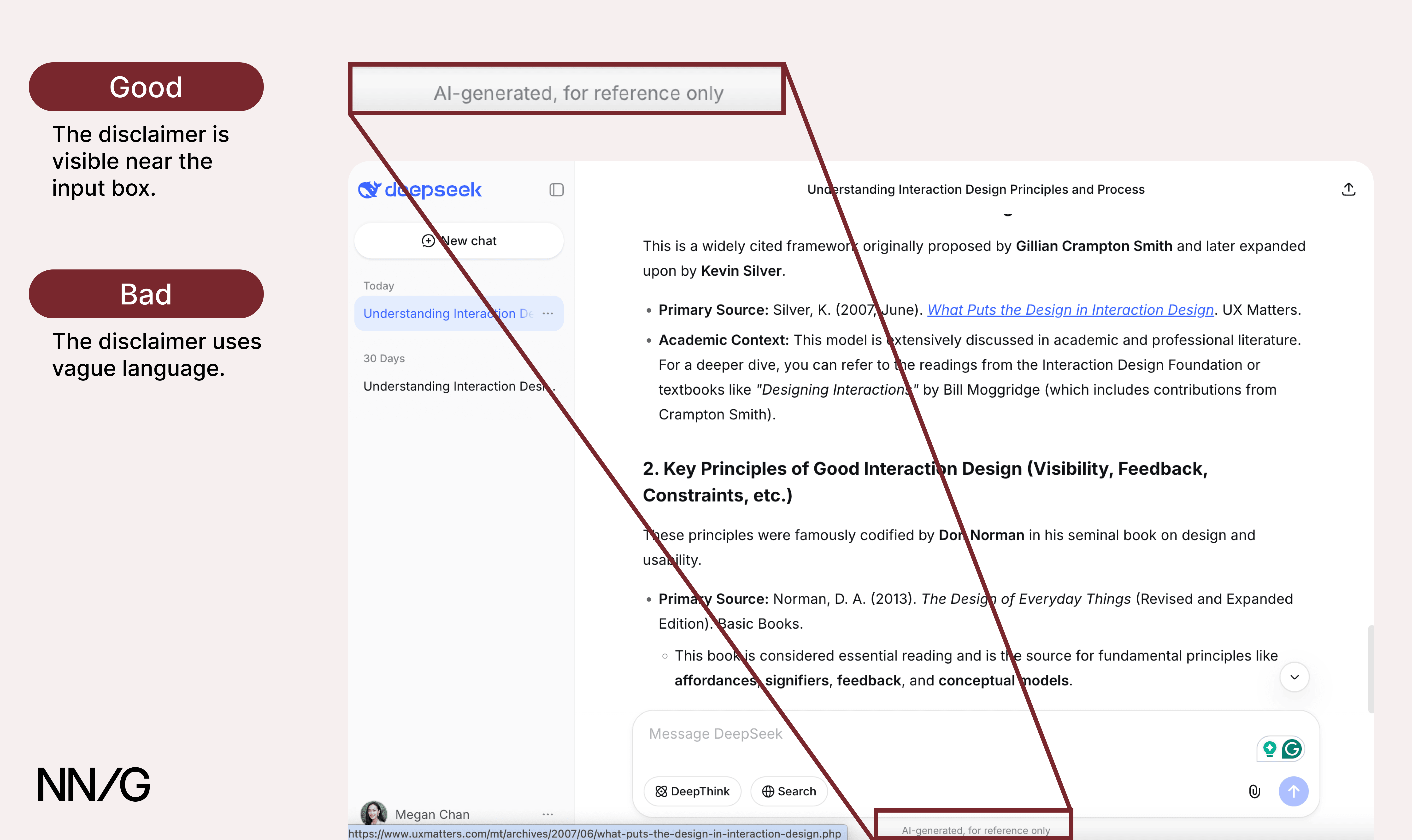 A zoom into DeepSeek's disclaimer: "AI-generated, for reference only." It is annotated to say "Good: The disclaimer is visible near the input box." and "Bad: The disclaimer uses vague language."