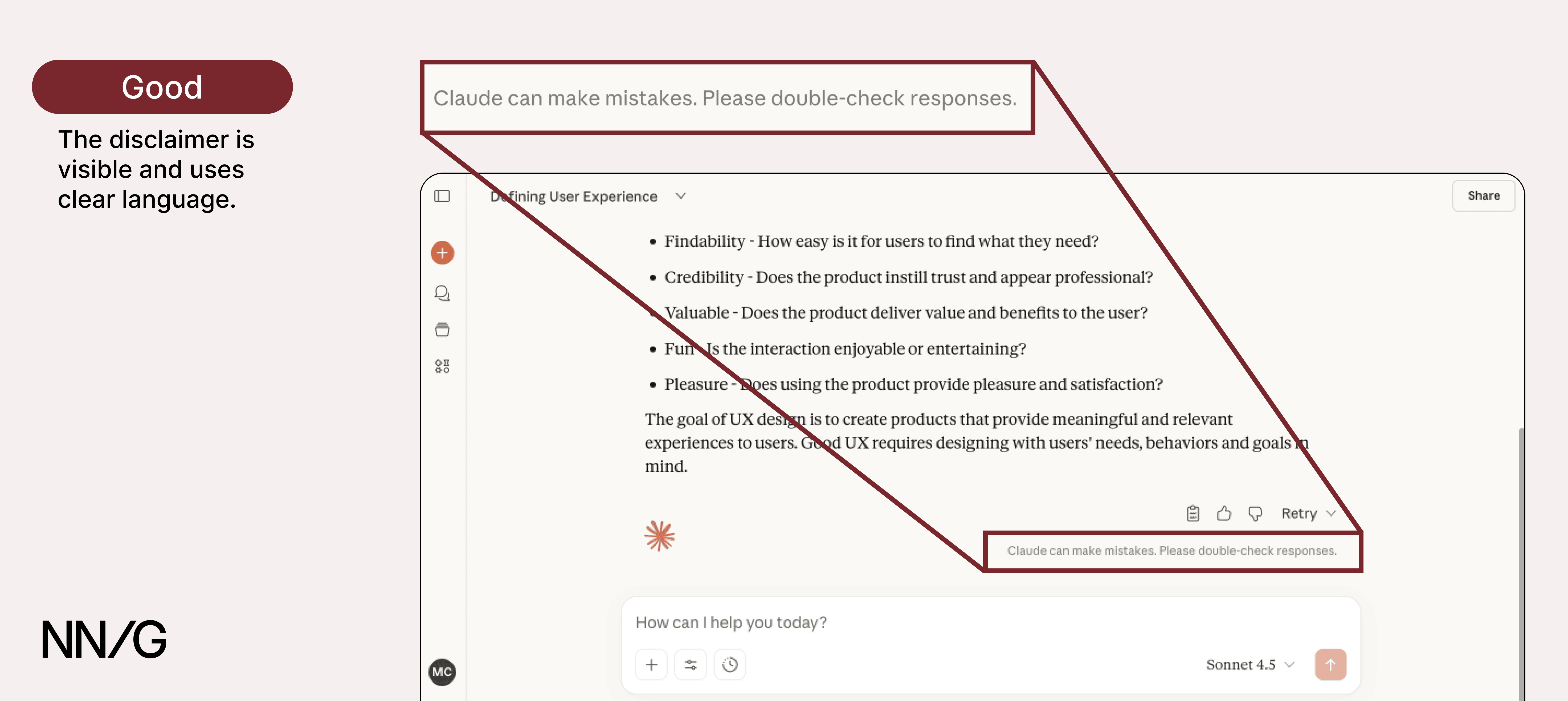 A zoom into Claude's disclaimer: "Claude can make mistakes. Please double-check responses." It is annotated to say "Good: The disclaimer is visible and uses clear language."