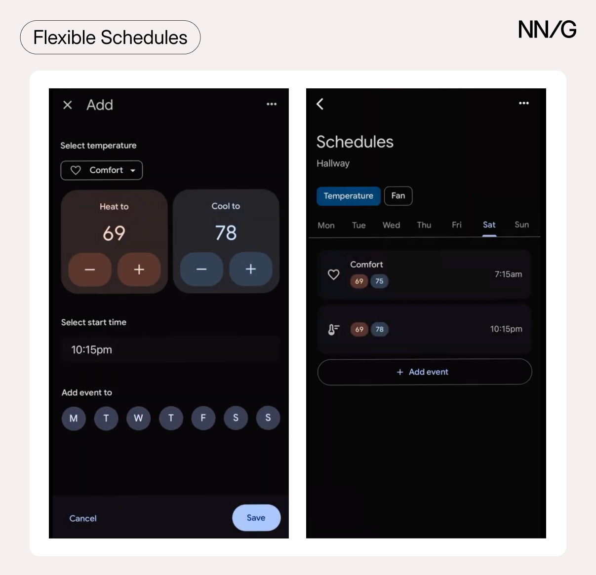Two screenshots of a smart-thermostat app showing a flexible scheduling interface, where users can easily adjust heating and cooling settings, choose start times, and select which days the schedule applies.