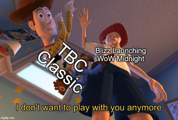 Toy Story Meme of Woody being dropped with the phrase "I don't want to play with you anymore" and TBC printed over Woody