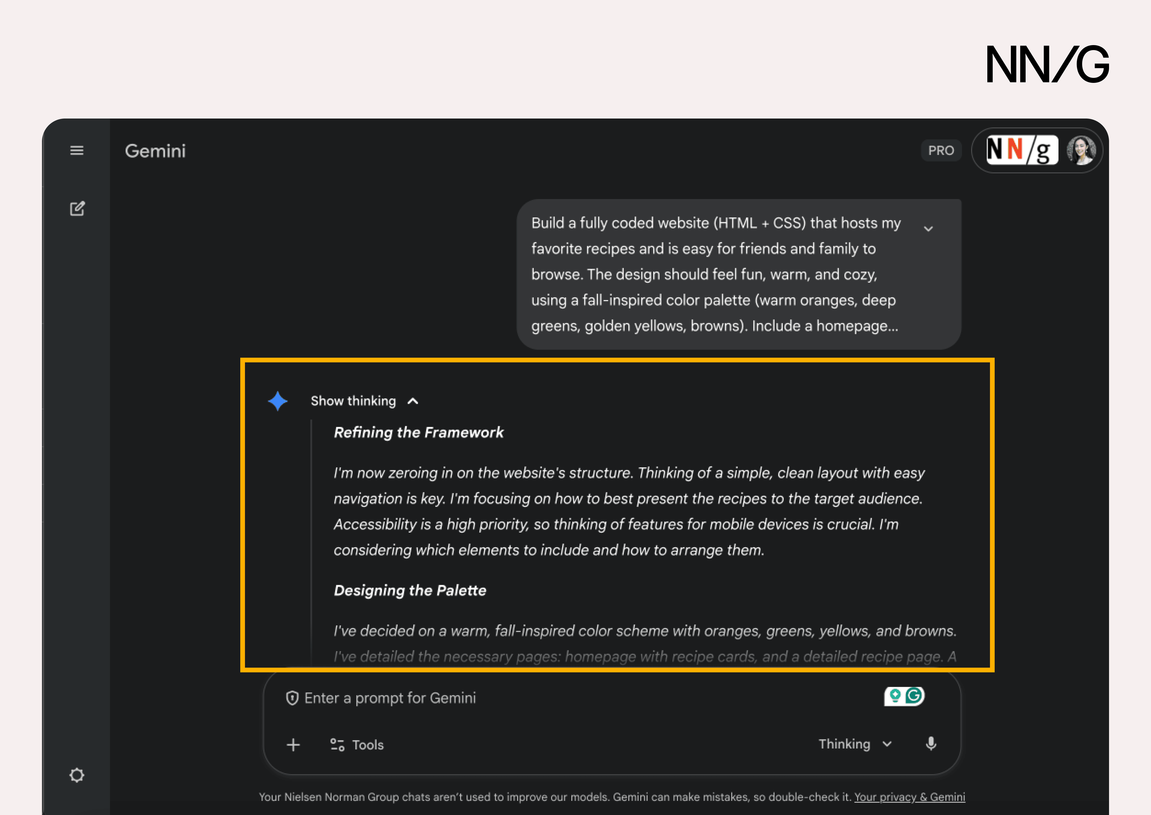 Gemini 3 output with a "Show Thinking" accordion with text that says "I'm now zeroing in on the website's structure."