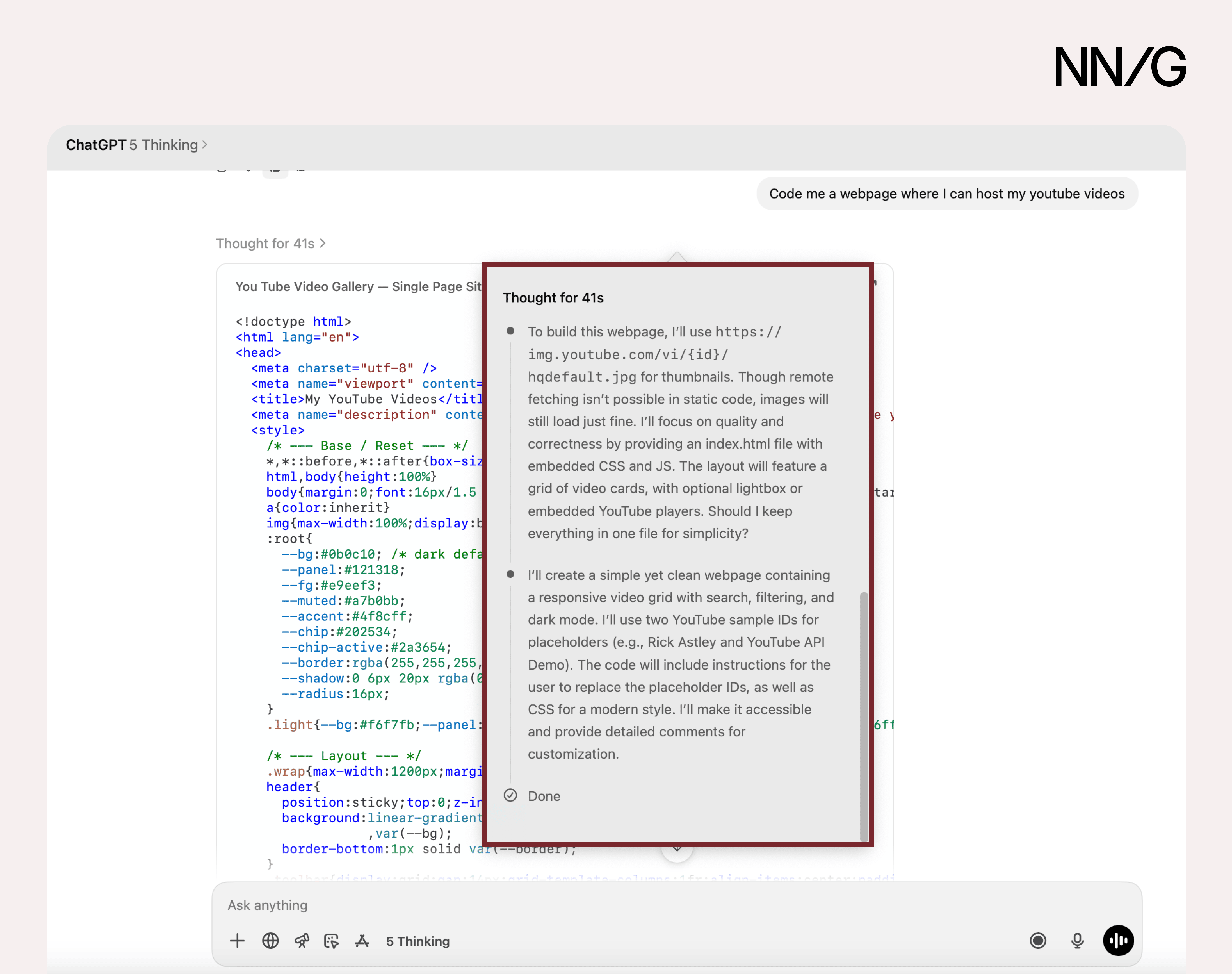 ChatGPT output with a popup labeled "Thought for 41s." It is highlighted to show text like "I'll create a simple yet clean webpage containing a responsive video grid."