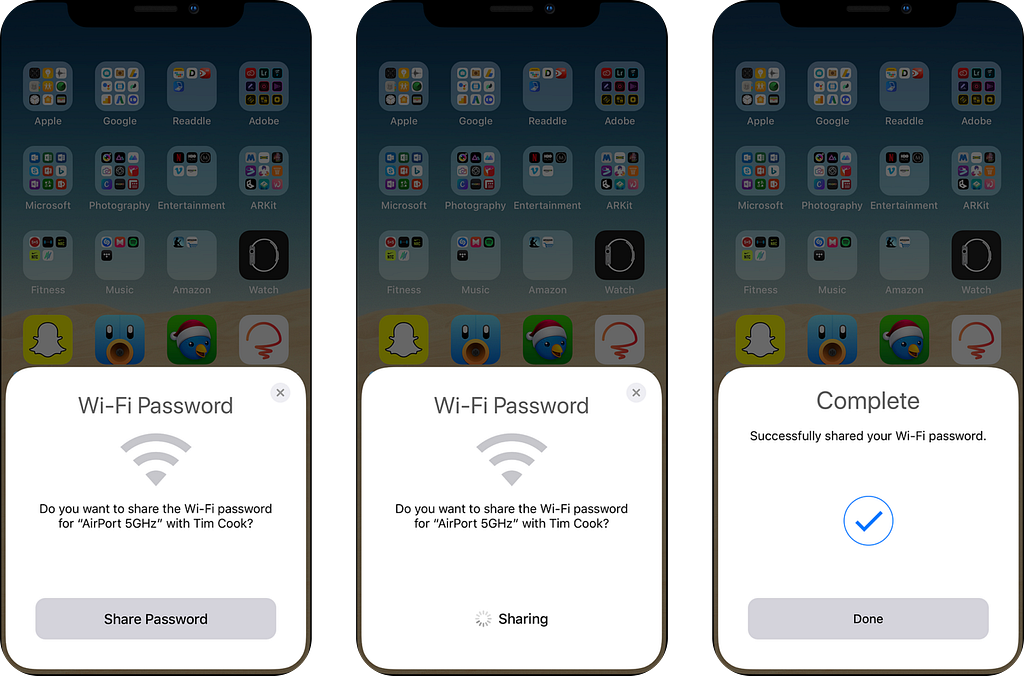3 screenshots of Apple’s iphone Wifi sharing flow. The bottom sheet appears when a contact is wanting to join a new wifi router, catching the user by surprise.