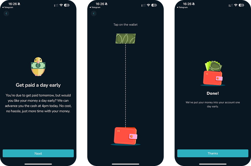 Monzo’s get paid early flow where users interact by dragging the cash illustration down into a wallet to complete the task.