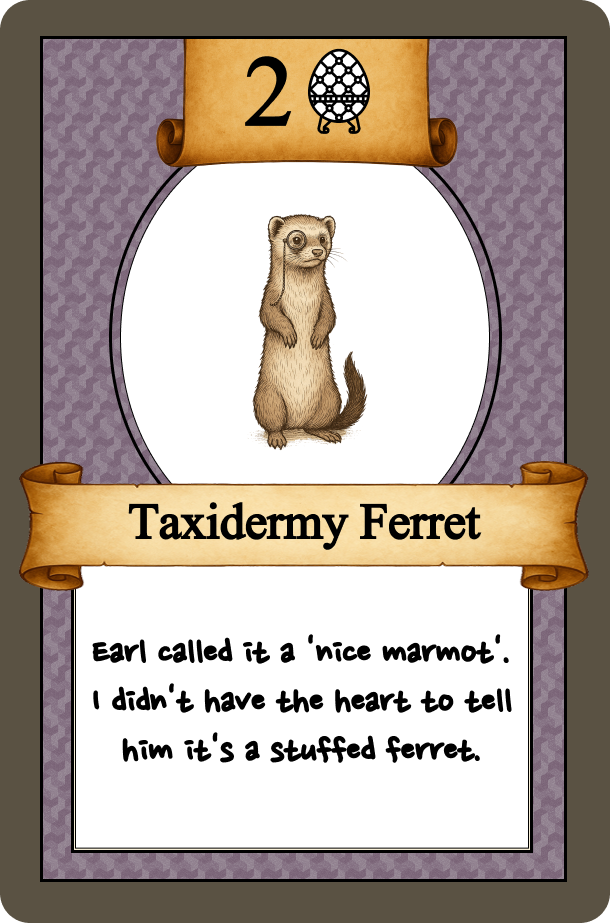 v3 of the Ferret card has been largely simplified. It only has a suit and value, and fun flavour text now.