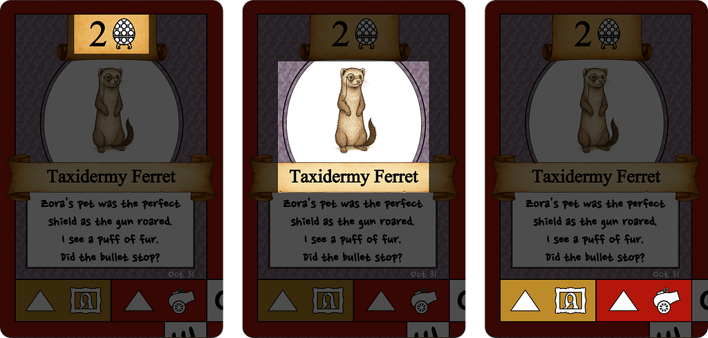 Shows 3 cleaned up areas on the Ferret card. Now the value and suit are together, and the win conditions have been moved to the bottom and are together for easier digestion.