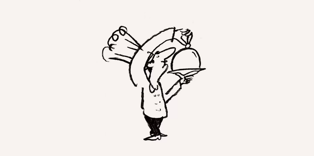 Whimsical, hand-drawn illustration, by Ryan Gillet, of a waiter or chef in a tall toque lifting a cloche from a serving tray with a flourish.