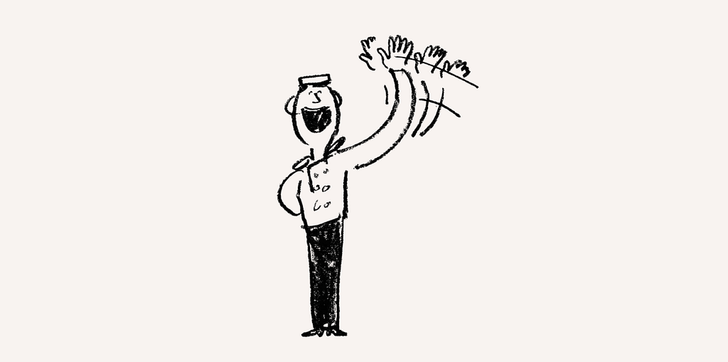 Whimsical, hand-drawn illustration, by Ryan Gillet, of a joyful character in a pillbox hat and jacket, waving enthusiastically with energetic motion lines.