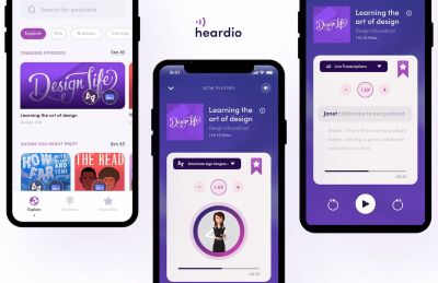 Three smartphone screens displaying parts of a podcast app, including a browsing page, a now-playing screen with an avatar, and a live transcription feature.