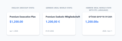 A pricing card that looks balanced in English, but shifts or overflows when localized. The fixed-width containers and absolute positioning that work for the English mockup fail to adapt to other languages.