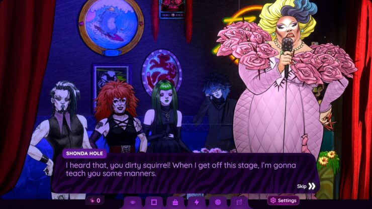 Killer Eyelashes - A drag queen in a pink dress threatens a party of drag queens in black outfits.