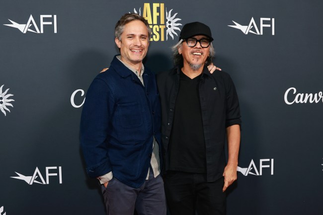 HOLLYWOOD, CALIFORNIA - OCTOBER 22: (L-R) Gael García Bernal and Lav Diaz attend the premiere of 