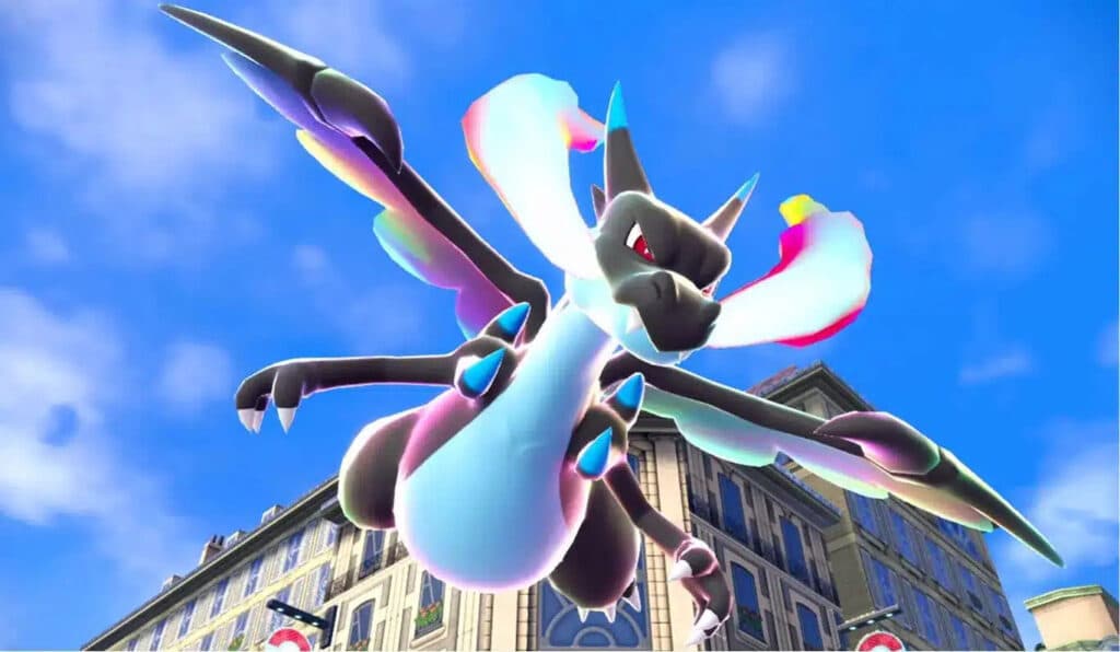 Mega Charizard X flies above the city skyline during a dramatic moment in Pokémon