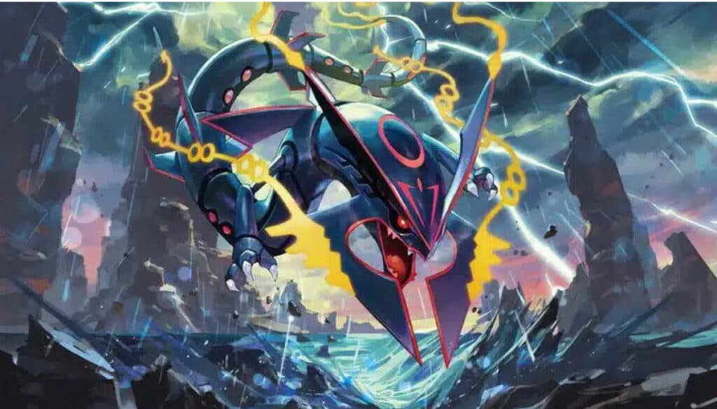 Rayquaza emerges amid lightning and chaos during an intense Pokémon battle
