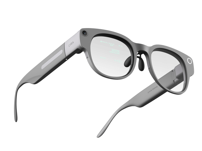 Cearvol Lyra smart glasses featuring a sleek design with integrated hearing technology and open-ear capabilities, allowing for seamless audio experiences.