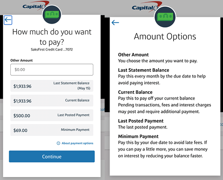Payment amount screen beside “Amount Options” help popup listing Other Amount, statement balance, current balance, last posted, minimum payment.
