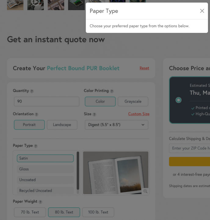 On a page for selecting printer settings including preferred paper type like