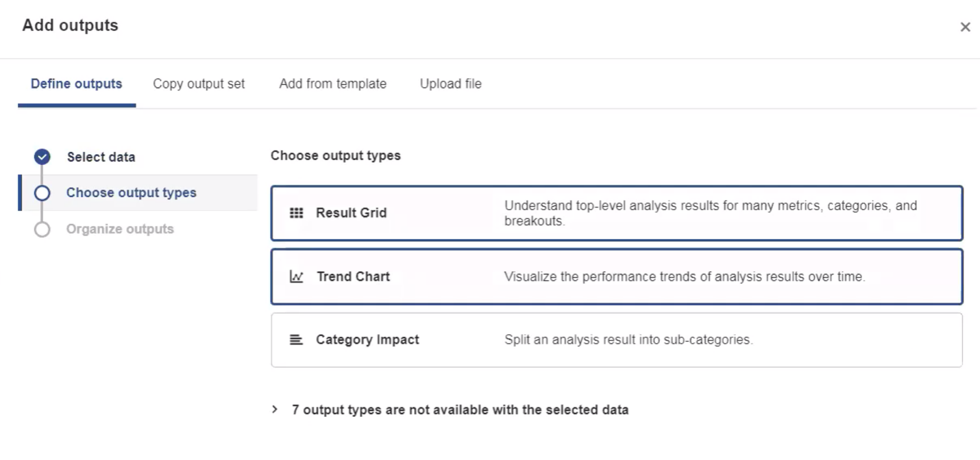 3 selections for output types that clearly list them and explain them in the same view.