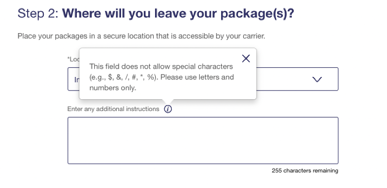 Infotip that says to not put special characters into the form.