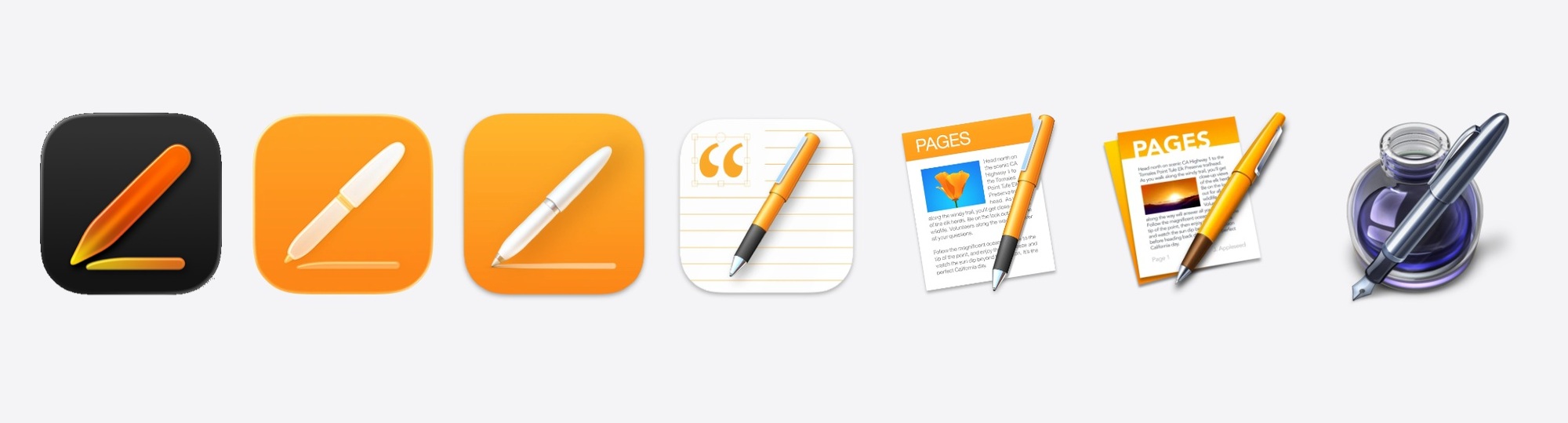 The 7 icons for Pages, from newest to oldest. Each one is more artistically interesting from left to right. The original one is exquisite.