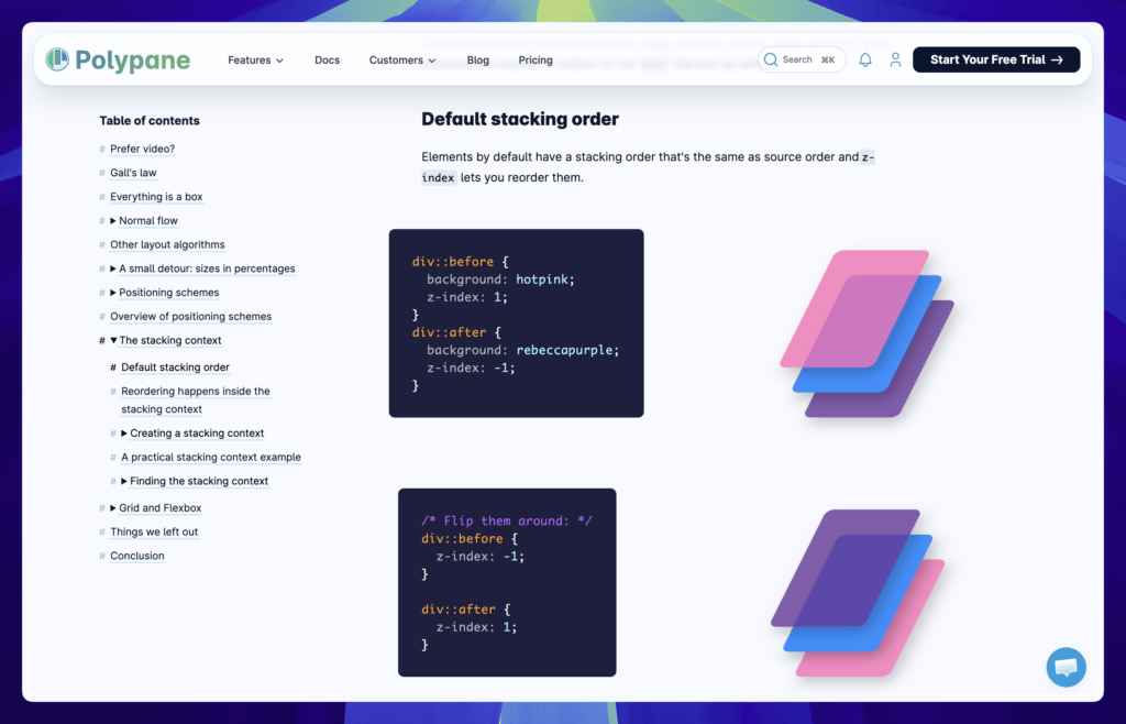 A diagram showing CSS z-index stacking order with code examples on the left and visual representations of layered elements on the right.