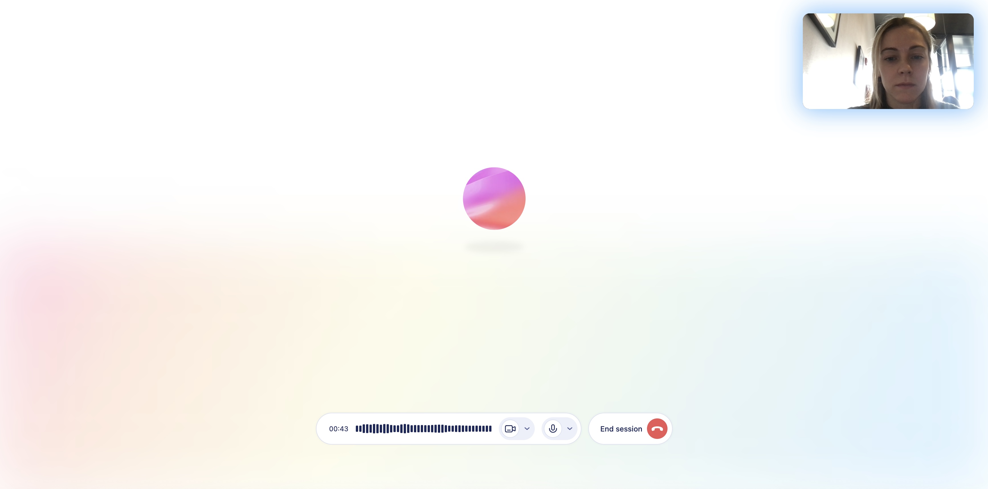 Marvin's AI interviewer is a synthetic voice and animated orb. Participants can see their camera feed in the corner of the screen.